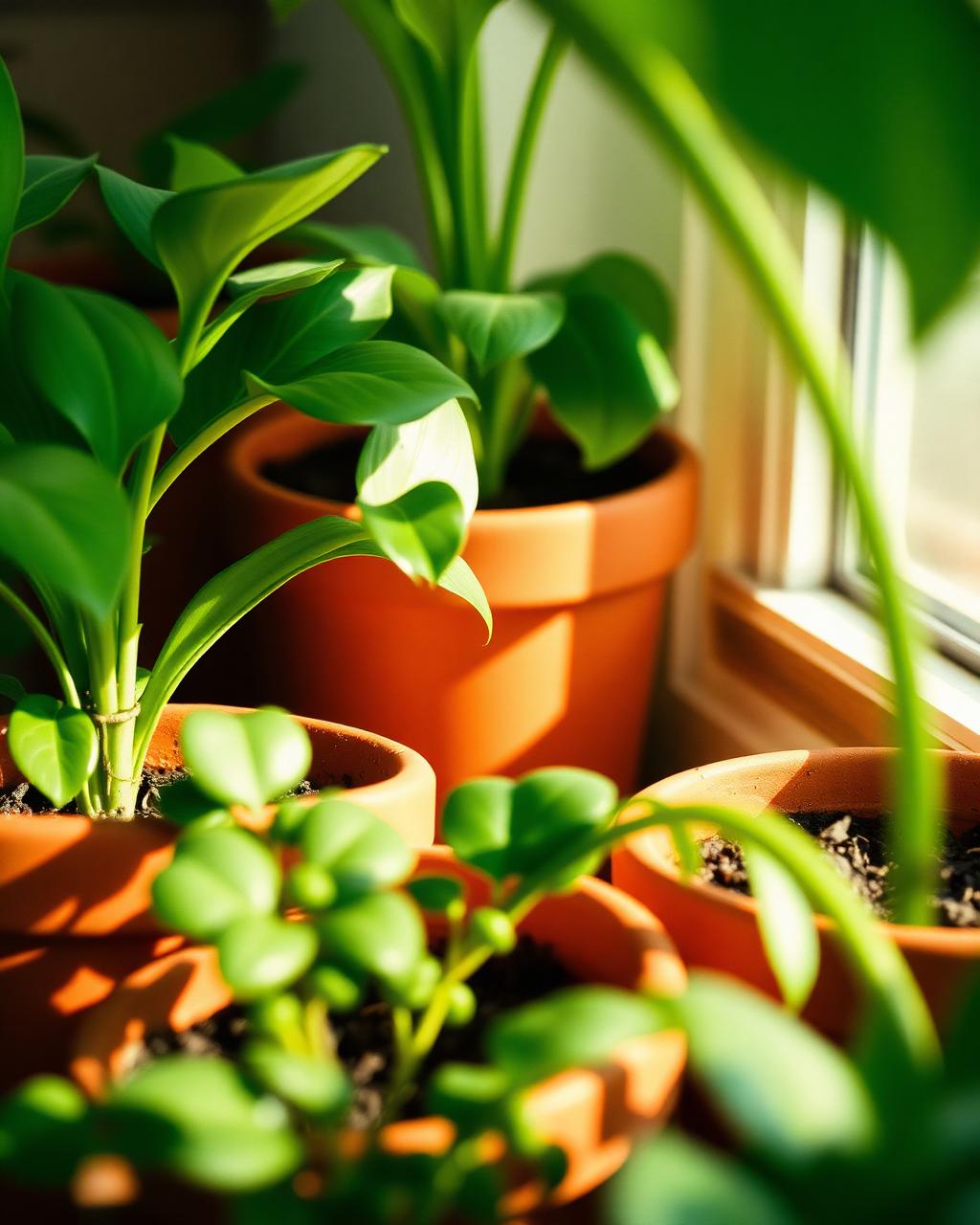 Vasos de plantas verdes iluminados pela luz da manhã